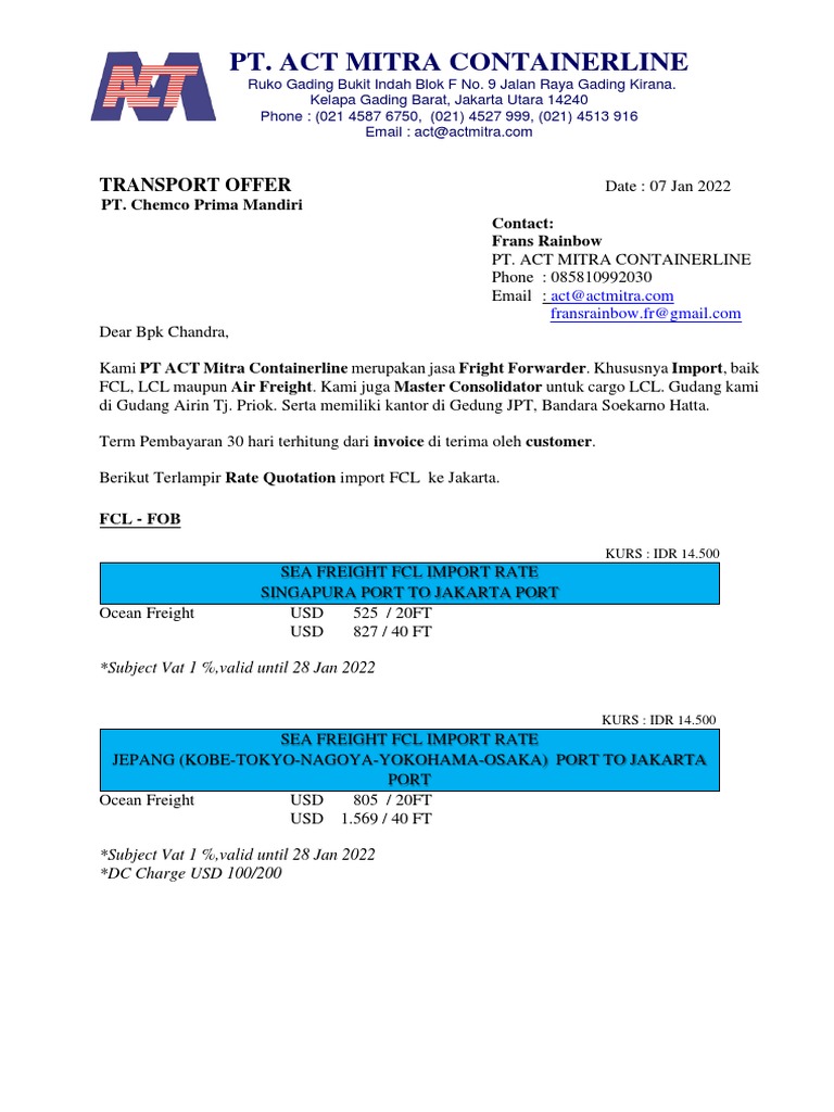 QUOTATION FCL PT Chemco Prima Mandiri | PDF | Jakarta | Business Process
