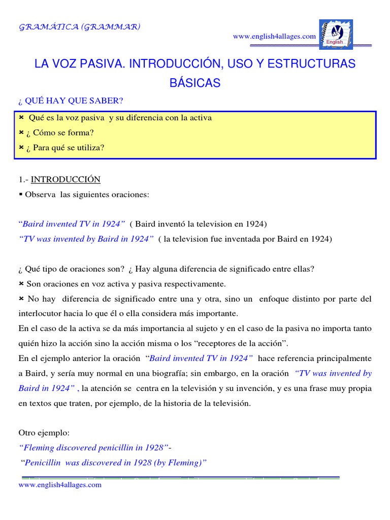 Estructura y Uso de la Voz Pasiva en Inglés | PDF | Verbo | Asunto ...
