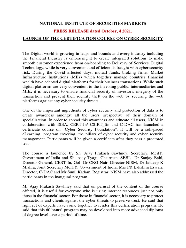 NISM Launches Cyber Security Course | PDF | Computer Security | Security