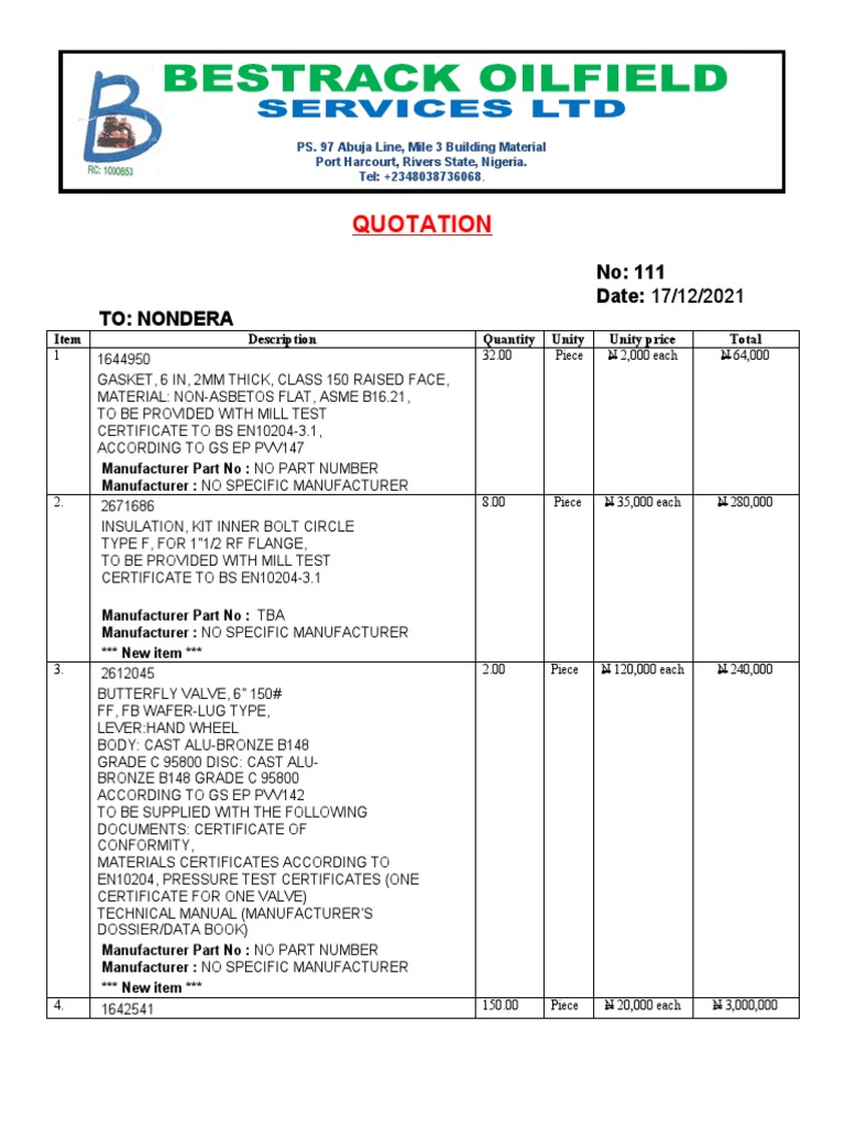 Quotation for Supply of Piping Materials and Equipment | PDF | Building ...