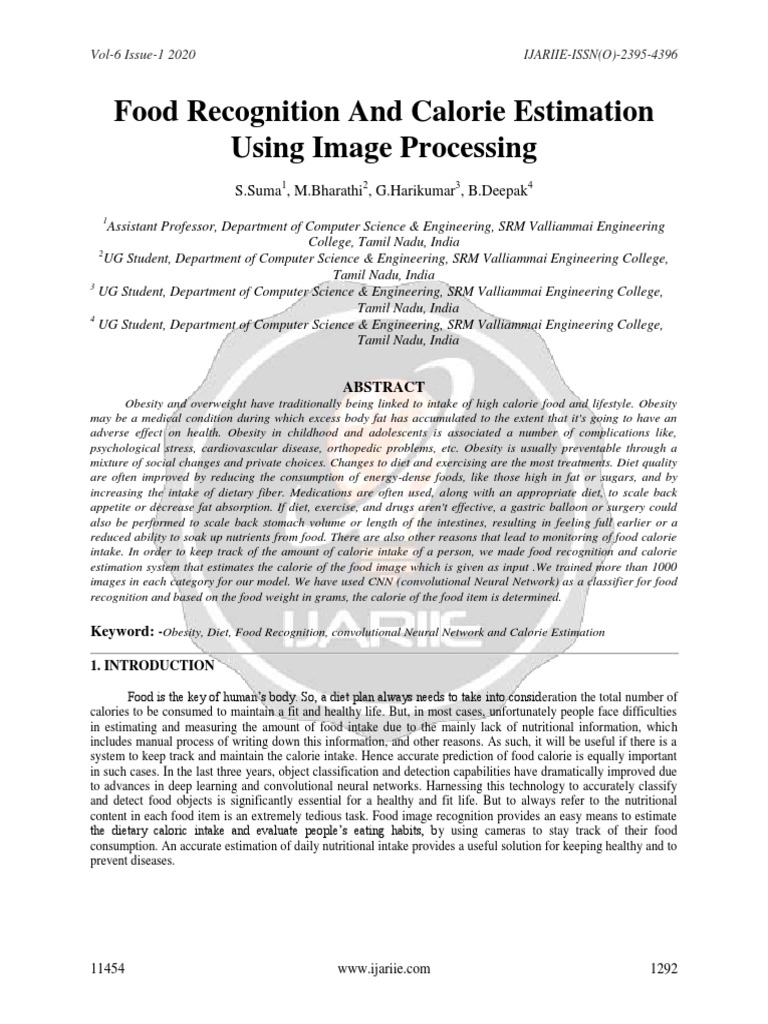 Food Recognition and Calorie Estimation Using Image Processing | PDF ...