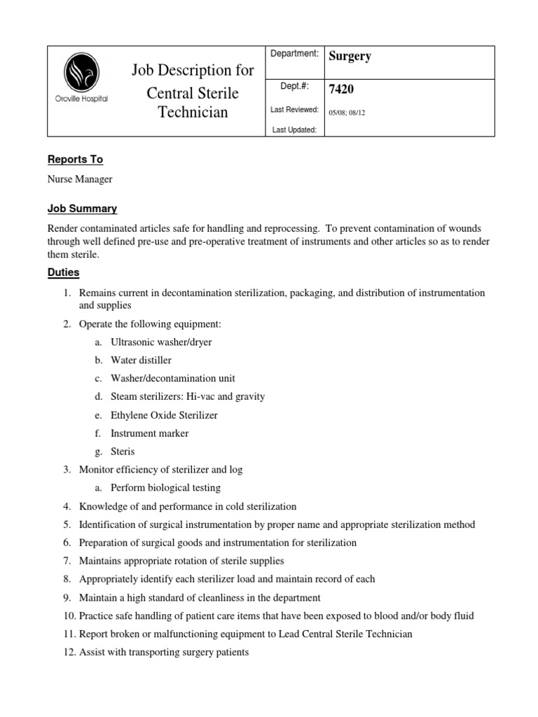 Central Sterile Technician Job Description PDF Surgery