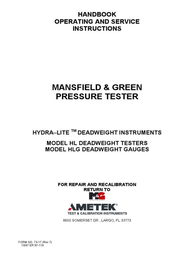 Mansfield & Green Pressure Tester: Handbook Operating and Service ...