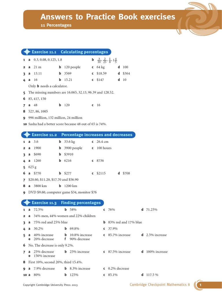 Answers To Practice Book Exercises: 11 Percentages | PDF