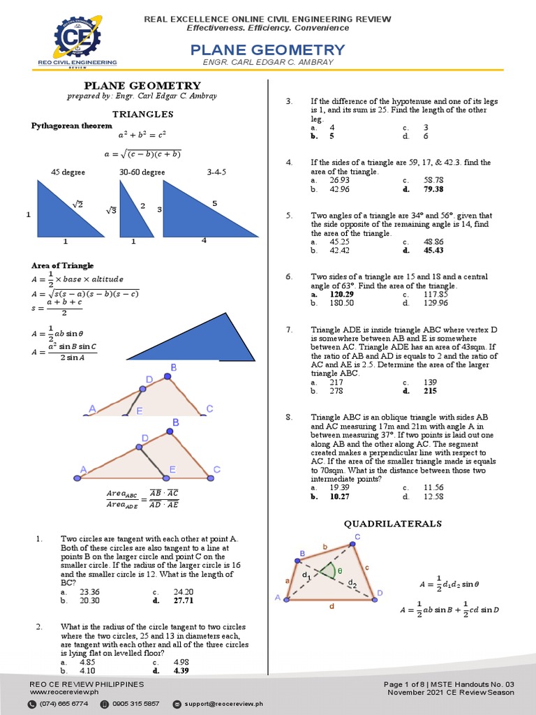 Plane Geometry Review for Civil Engineers | PDF | Circle | Triangle