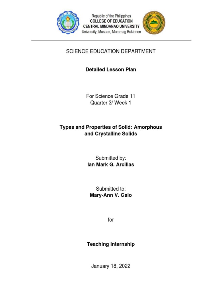 Science Education Department Detailed Lesson Plan PDF Solid Crystal