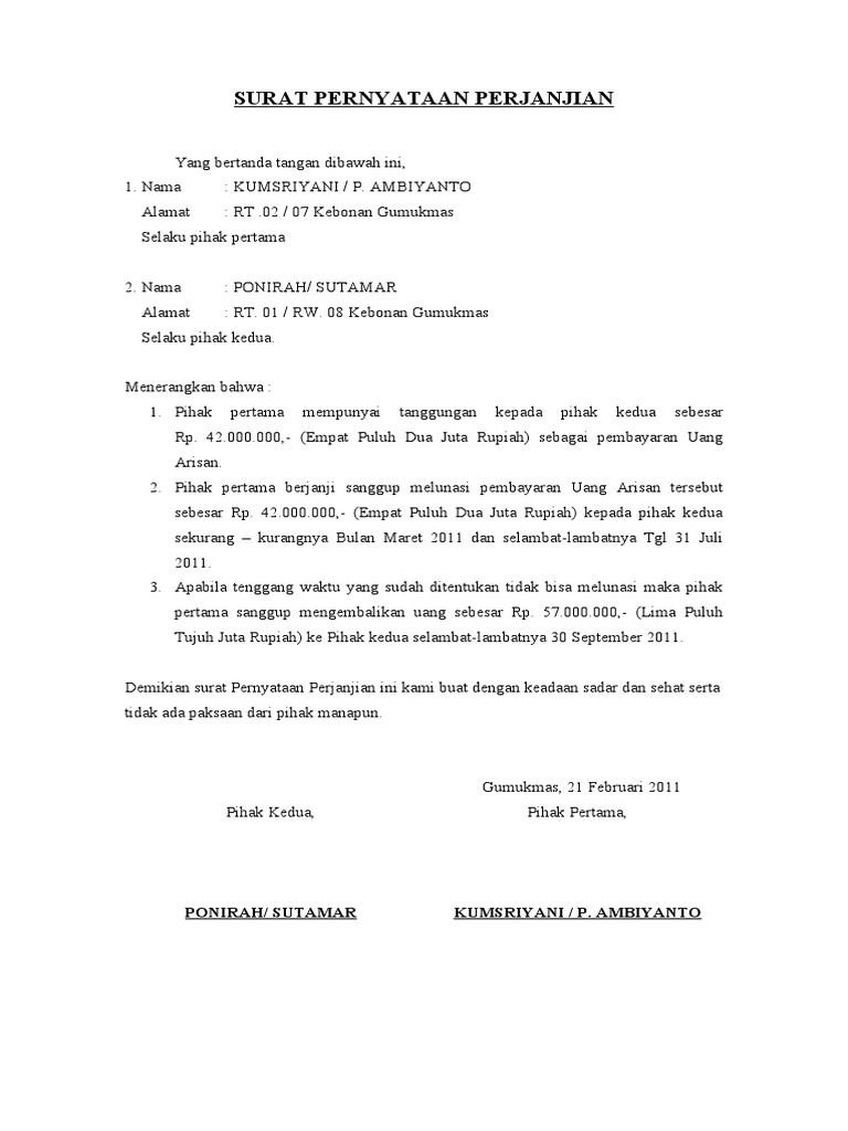 Contoh surat pernyataan perjanjian pertanggungjawaban doc Demikian surat pernyataan ini saya buat dengan sesungguhnya.