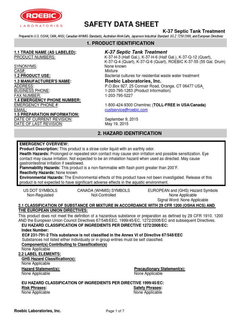 Safety Data Sheet K37 Septic Tank Treatment 1. Product Identification