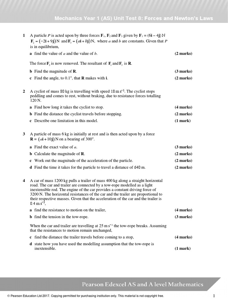 Mechanics year 1 as unit test 8 forces and newton s laws mark scheme