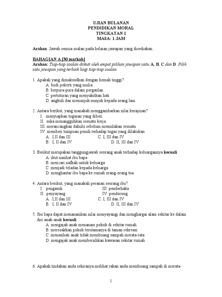 Soalan Pendidikan Moral