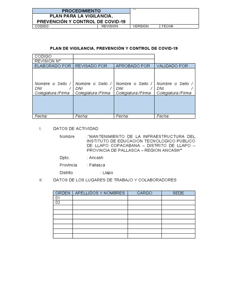 Plan de Control y Prevención COVID-19 | PDF | Lavado de manos ...