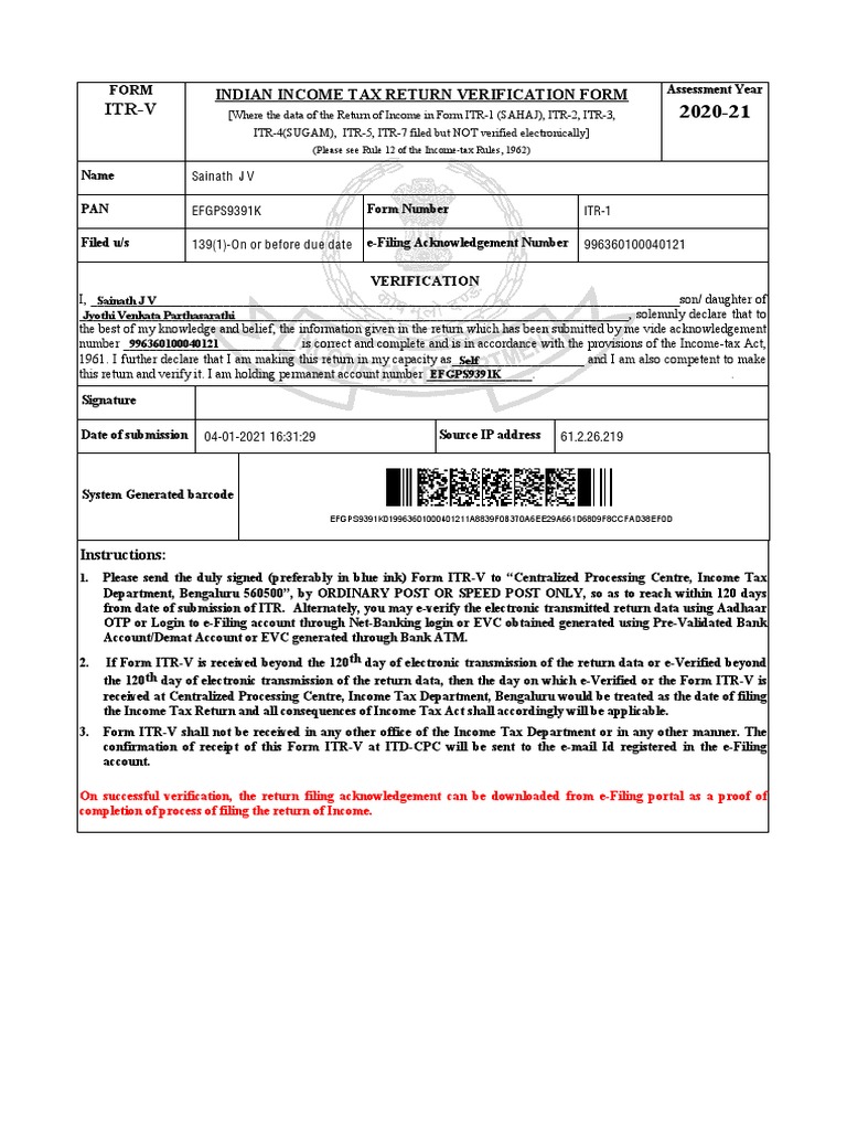 ItrV Indian Tax Return Verification Form PDF Government