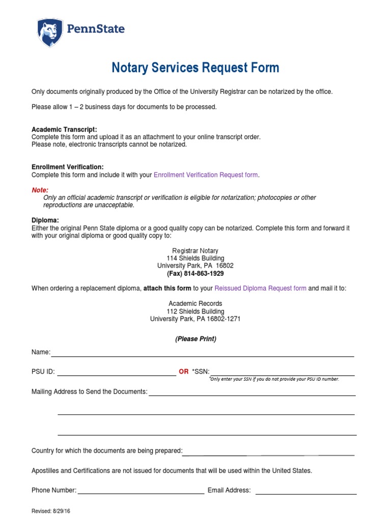 Notary Services Request Form: Academic Transcript | PDF