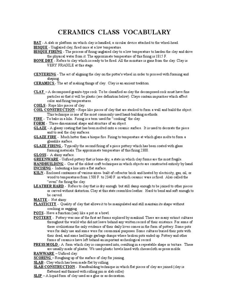 Ceramics Class Vocabulary and Safety Guidelines PDF Pottery Clay