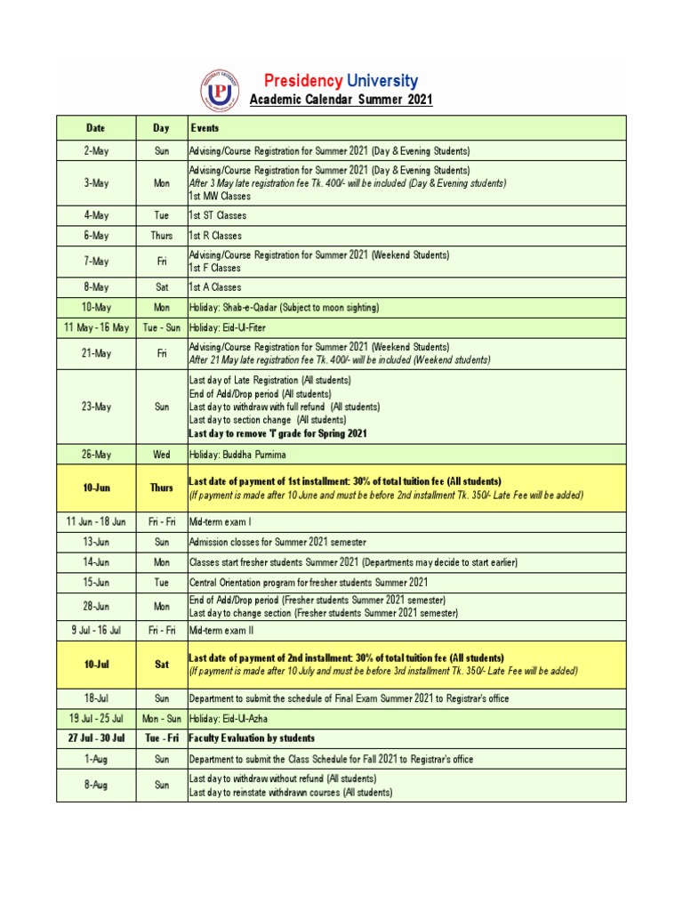 Academic Calendar Summer 2021 Final PDF Academic Term Schools