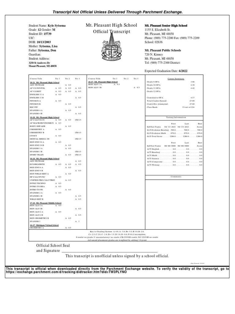 Mt. Pleasant High School Official Transcript Transcript Not Official Unless Delivered Through
