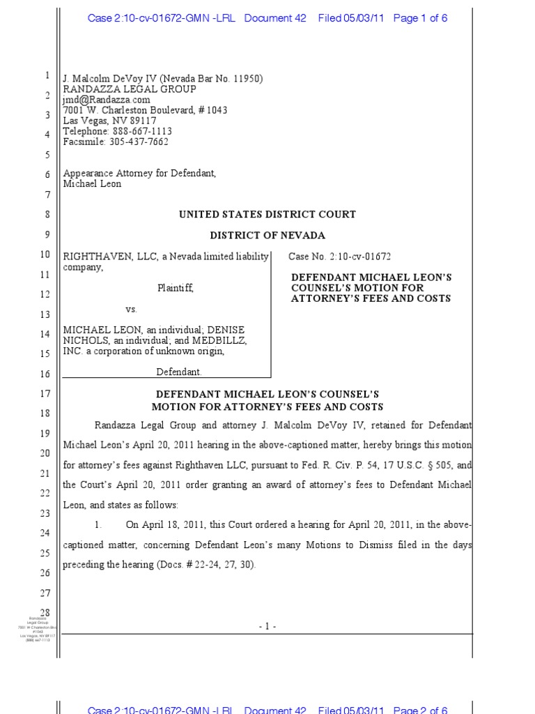 Defendant Michael Leon's Counsel's Motion For Attorney's Fees and Costs