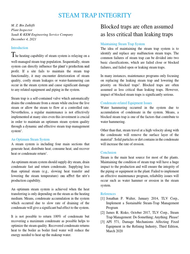 Steam Trap Integrity 04122021 | PDF | Steam | Boiler