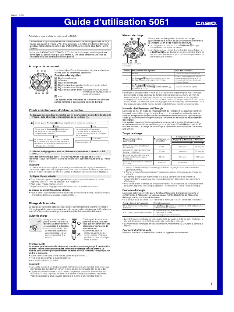 Notice Casio Montre PDF Heure Lumière — free download