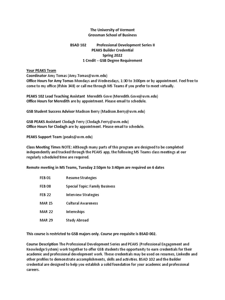 UVM GSB BSAD 102 Professional Development | PDF | Résumé | Communication