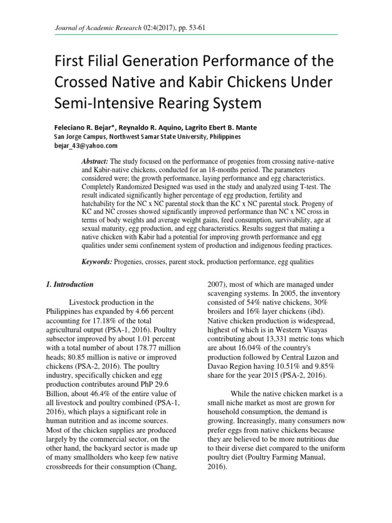 First Filial Generation Performance of The Crossed Native and Kabir ...