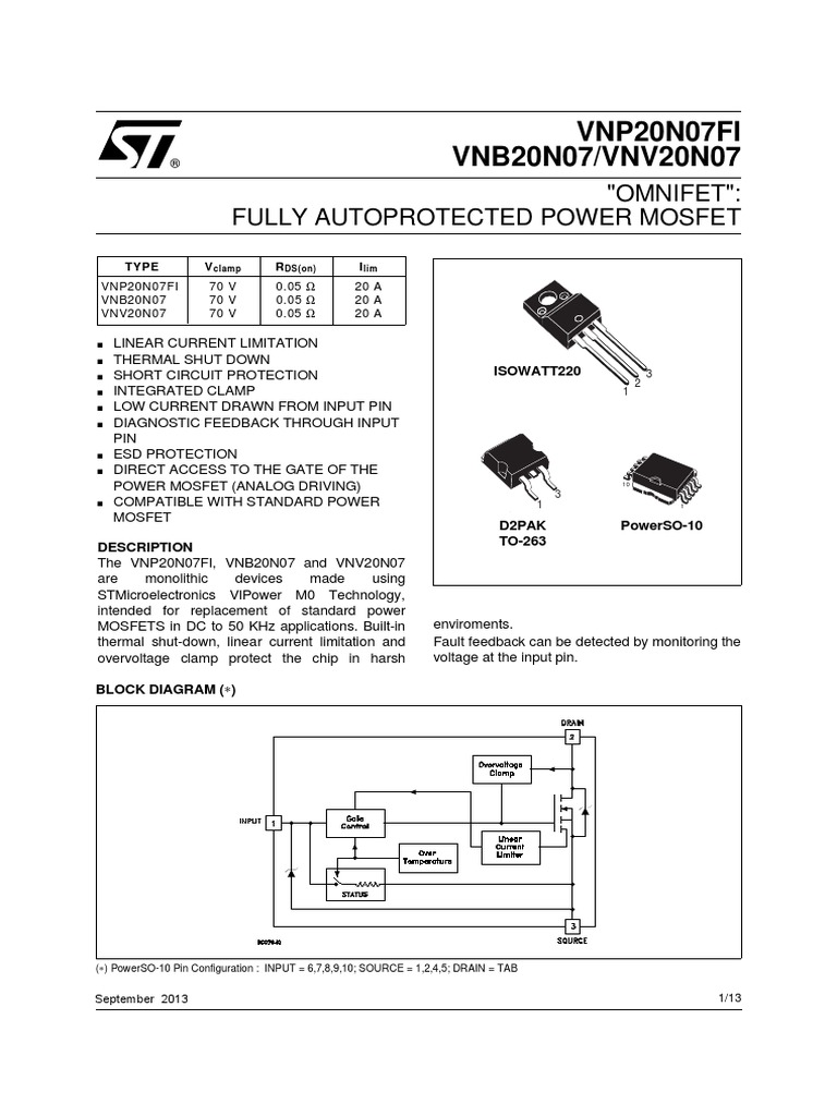 VNP20N07FI VNB20N07/VNV20N07: "Omnifet": Fully Autoprotected Power ...