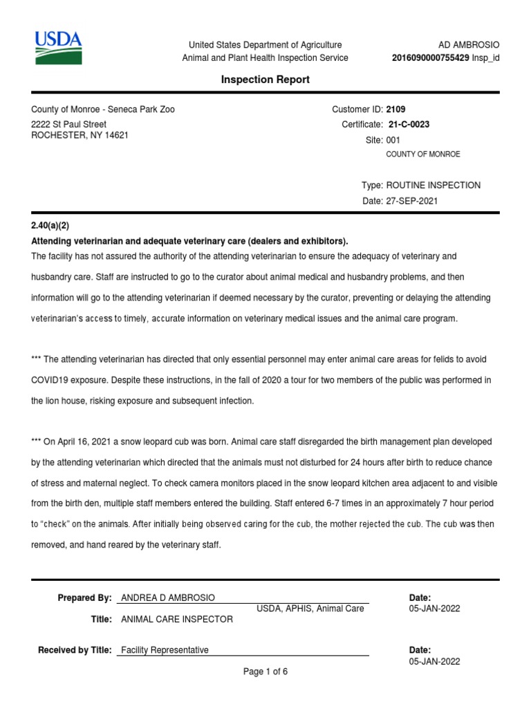 USDA Inspection Report | Download Free PDF | Animal Welfare