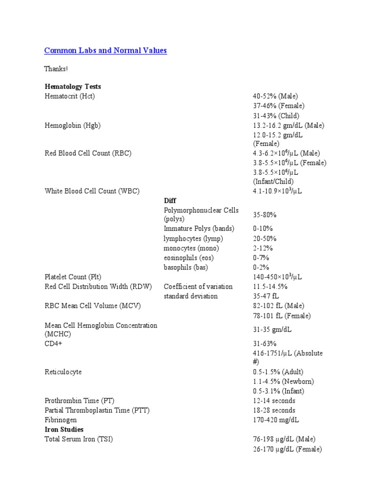 Common Lab Test Values and Ranges | PDF | Clinical Pathology | Body Fluids