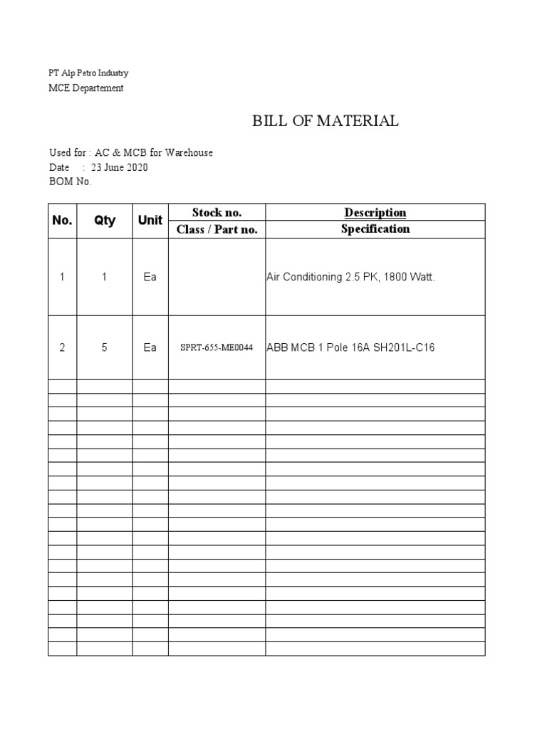 Bill of Material - AC & MCB Warehouse | PDF
