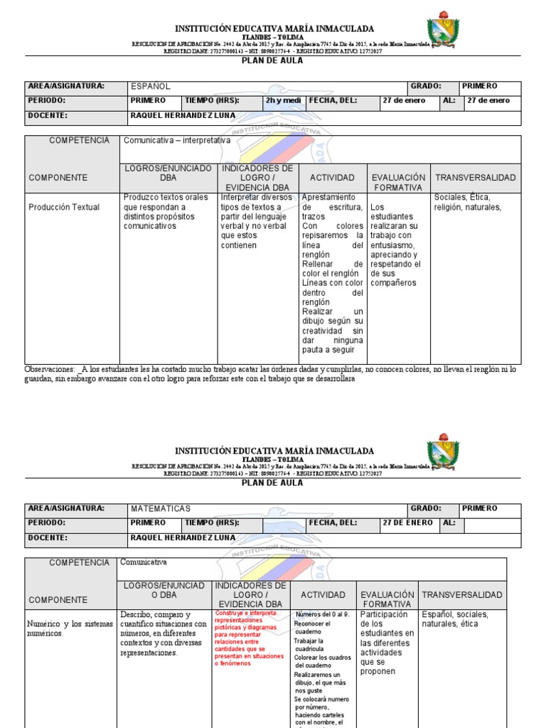Plan de Aula Grado Primero Primer Periodo | PDF | Evaluación | Caso de ...