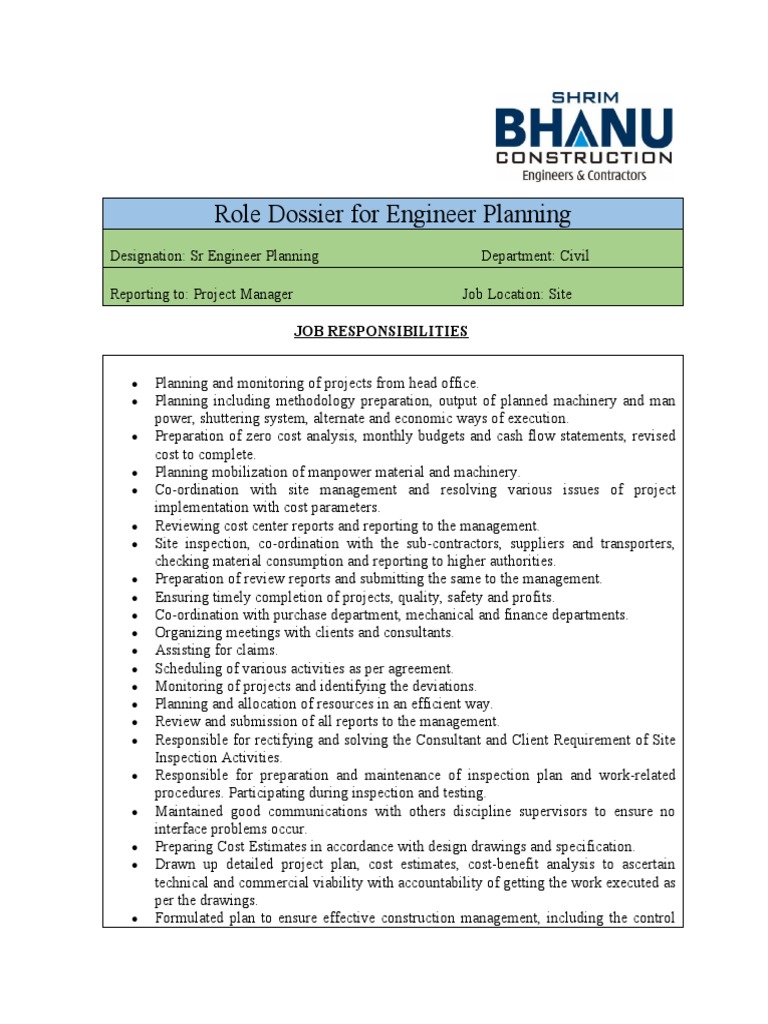Senior Planning Engineer Responsibilities | PDF | Business | Economies