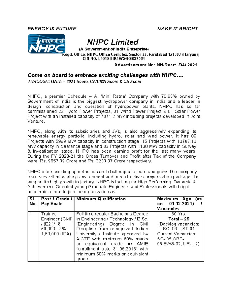 NHPC Recruitment 2021: Trainee Engineers & Officers | PDF