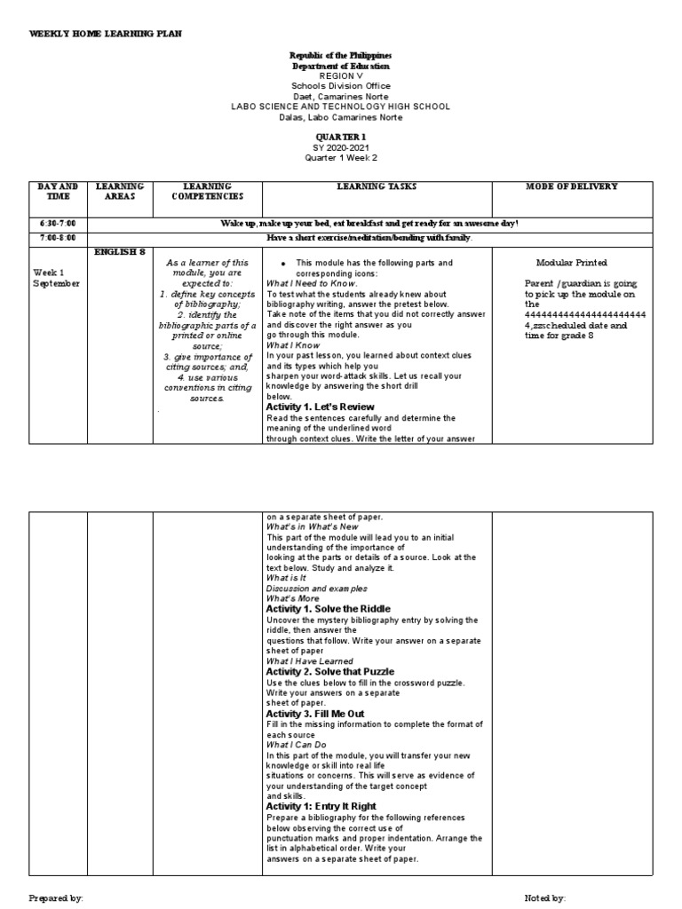 Weekly Learning Plan for English 8 | PDF | Learning | Crossword