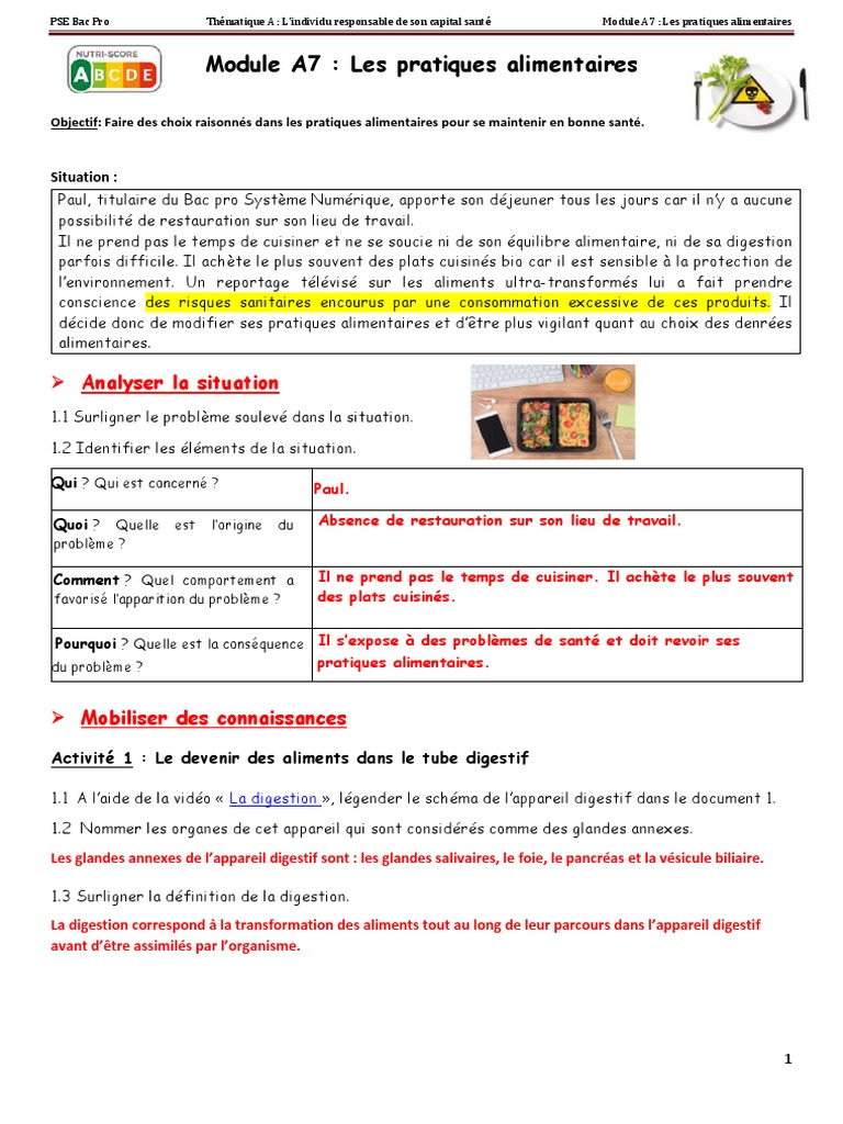 Module 1 Découvrir L environnement D une Entreprise Correction Module A7 Les Pratiques Alimentaires Correction | PDF | Digestion | Tractus  gastro-intestinal
