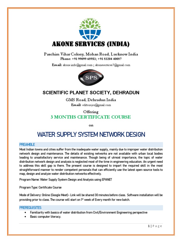 3 Month Water Distribution System Design Cert Course PDF Earth