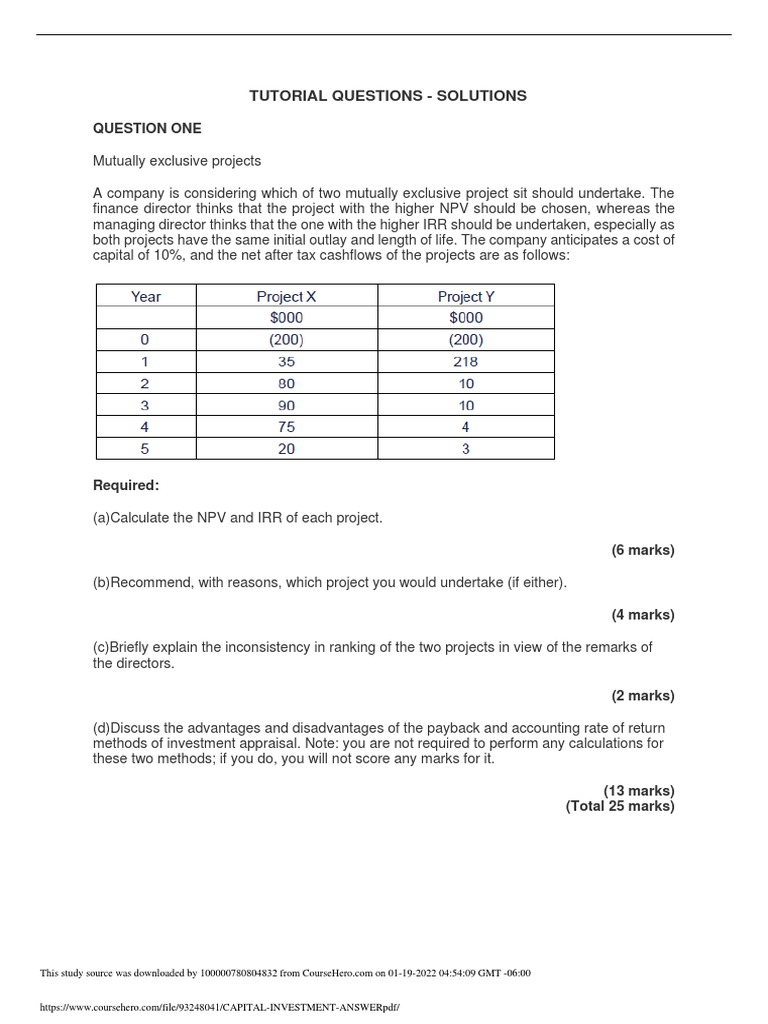 Capital Investment Answer PDF PDF Net Present Value Internal Rate