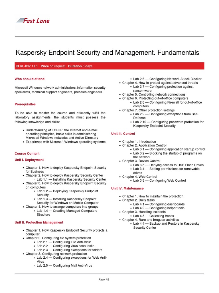 Kaspersky Endpoint Security and Management. Fundamentals: ID KL-002.11. ...