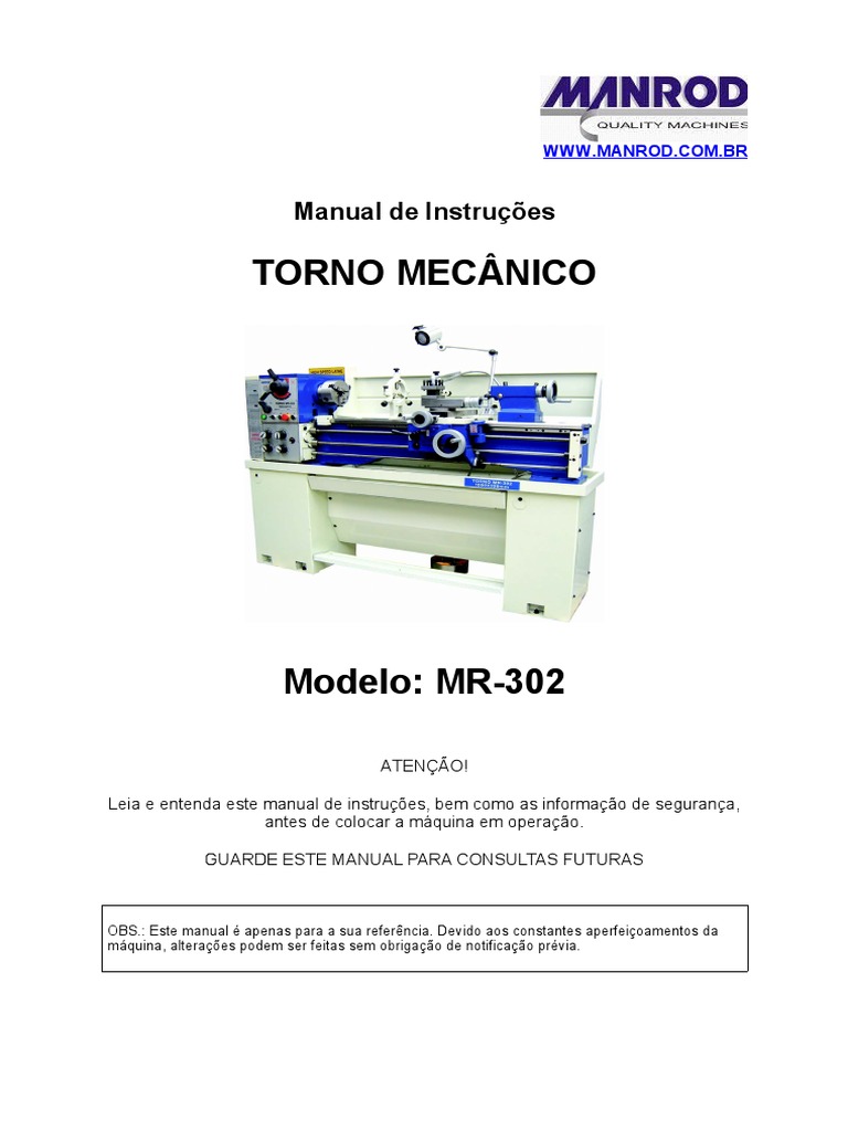 Manual Torno Mecanico De Bancada MR 302 Manrod 220 380v Trifasico.