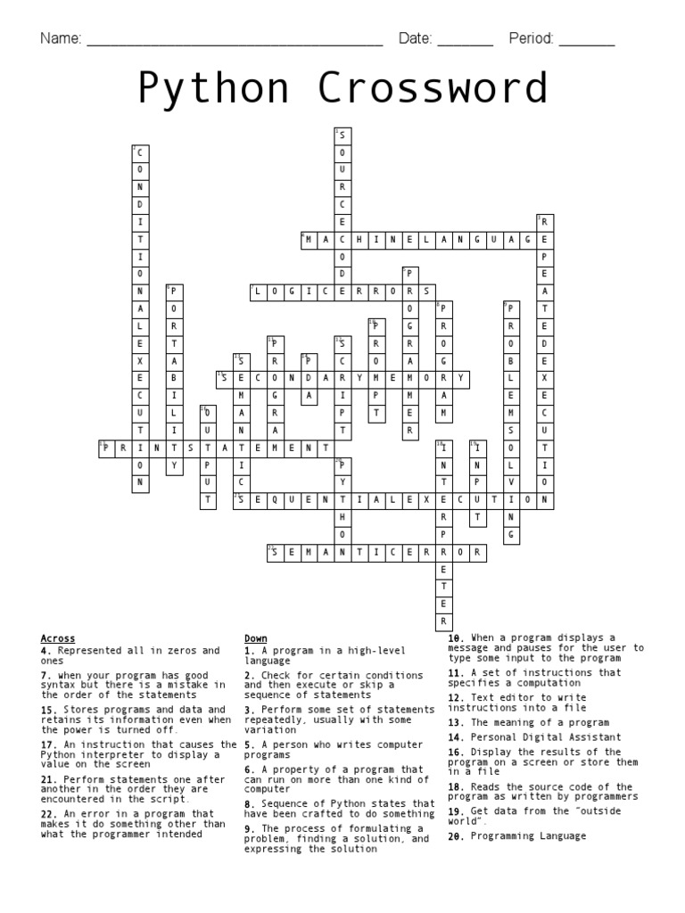 Python Crossword: Name: - Date: - Period | PDF | Computer Programming ...