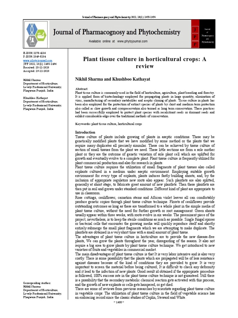 1 2021 Plant Tissue Culture in Horticultural Crops PDF Plant