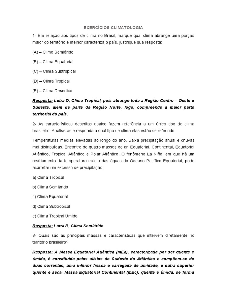 Exercícios Climatologia | PDF | Ferimento | Clima