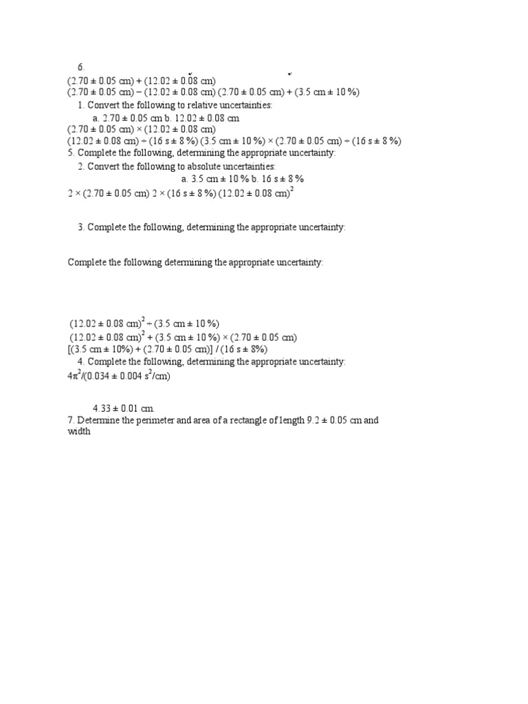 Uncertainty Worksheet | Physics & Mathematics | Mathematics