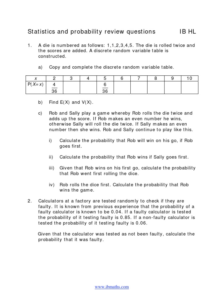 Statistics and Probability HL Review Questions | PDF | Mean | Standard ...