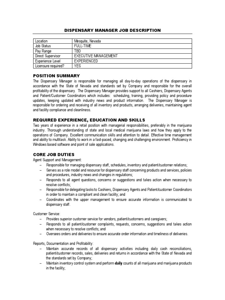 Dispensary Manager Job Description PDF At Will Employment Discrimination