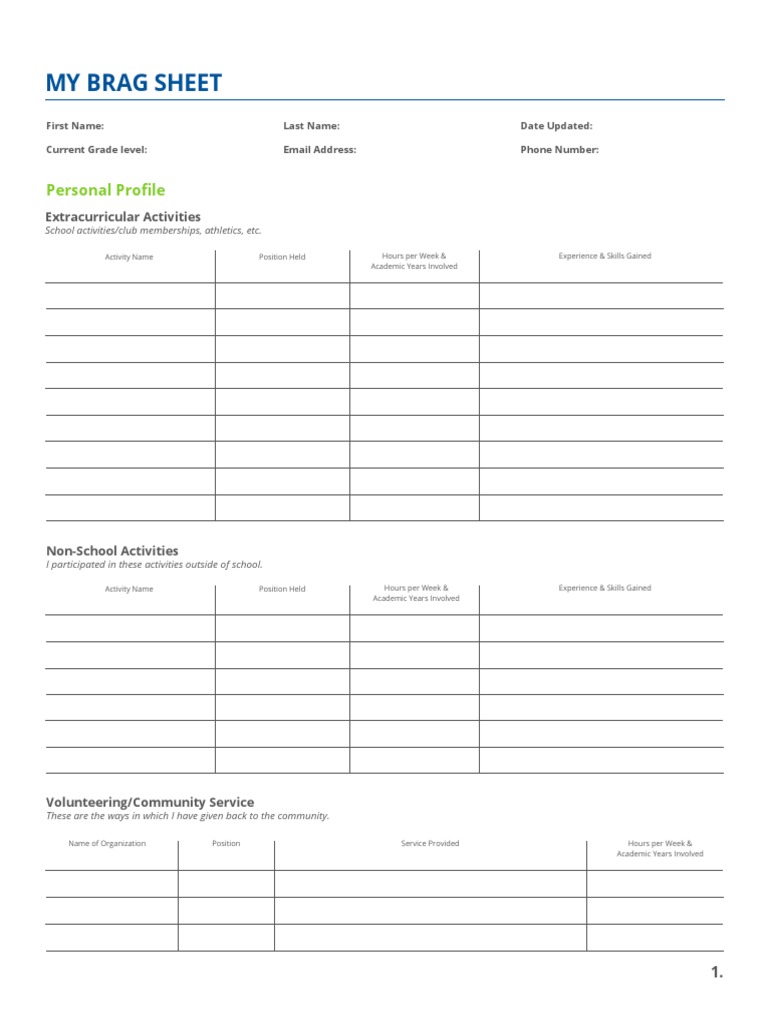 Brag Sheet Template PDF