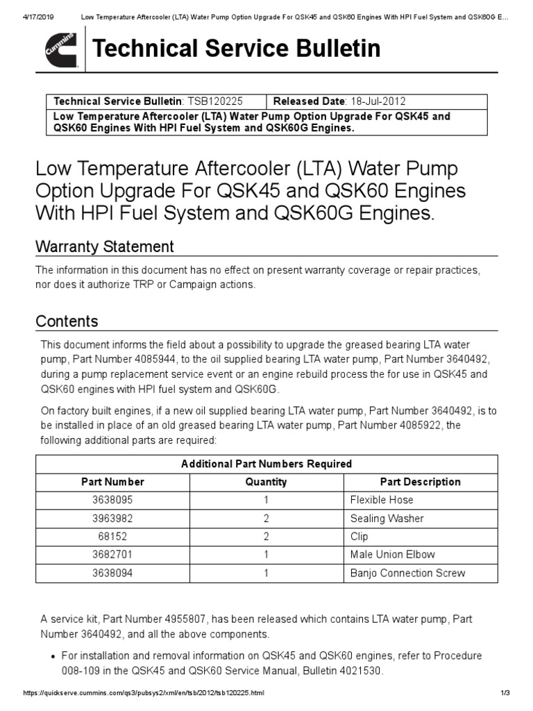 Low Temperature Aftercooler (LTA) Water Pump Option Upgrade For QSK45