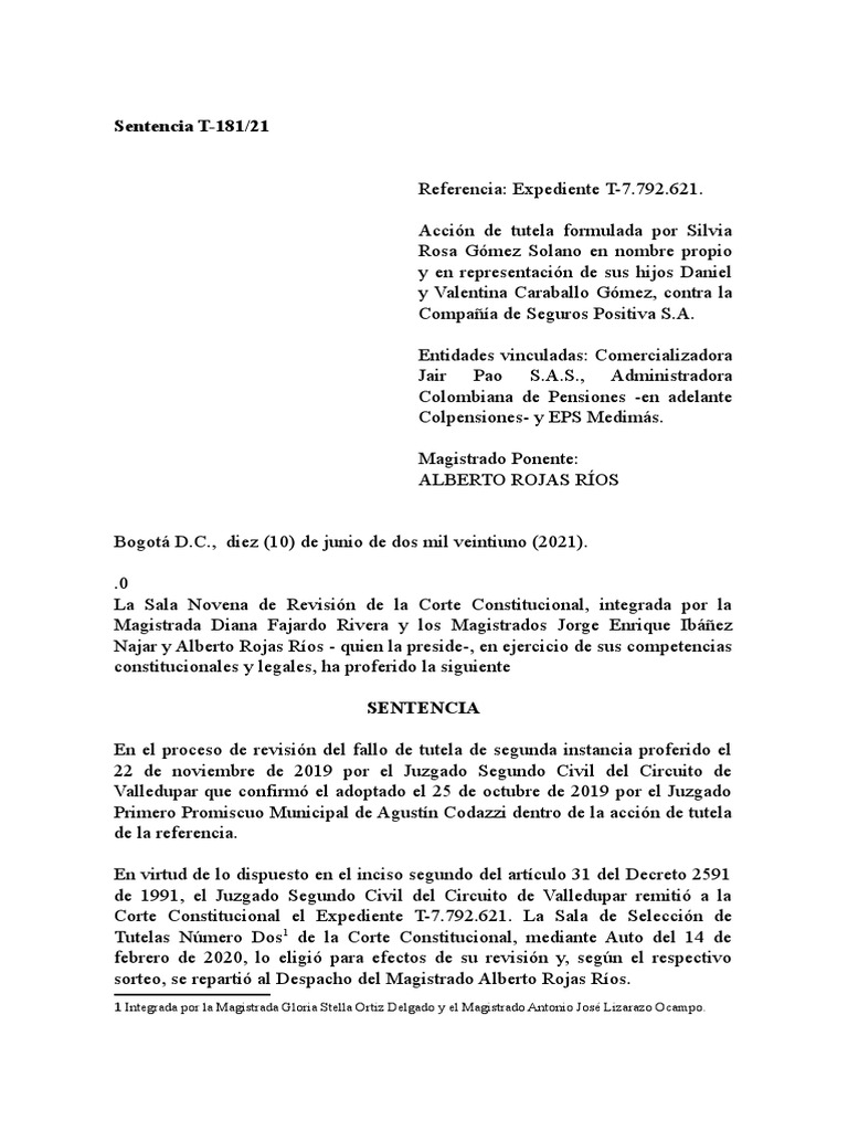 Sentencia T-181/21: Integrada Por La Magistrada Gloria Stella Ortiz