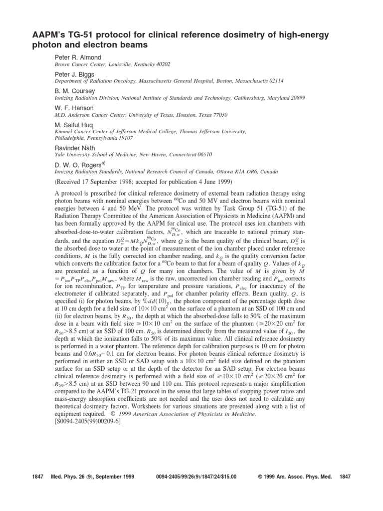 AAPM TG-51 Dosimetry Protocol | PDF | Dosimetry | Absorbed Dose