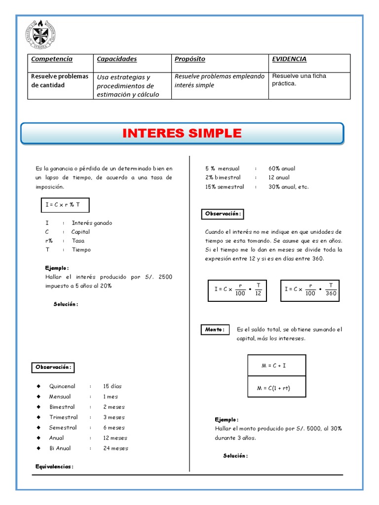 Problemas de Interes Simple para Cuarto de Secundaria | PDF | Interés ...