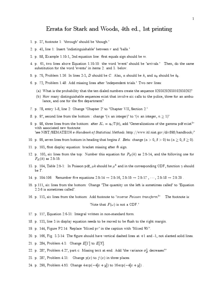 Errata For Stark and Woods, 4th Ed., 1st Printing | PDF | Bracket | Probability Density Function